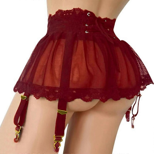 Sexig genomskinlig minikjol för kvinnor, justerbara remmar, snörning, underkläder, vinröd Wine Red XL