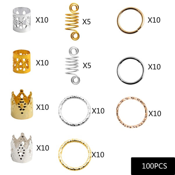 100 stk Metal Afrikanske Hårringe Perler Muddar Rør Dreadlock BH onesize