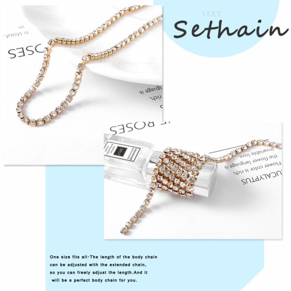 Boho Rhinestone Kroppskedja Guld Kristall Långt hänge Halsband Bröstkedja Nattklubb Kroppstillbehör
