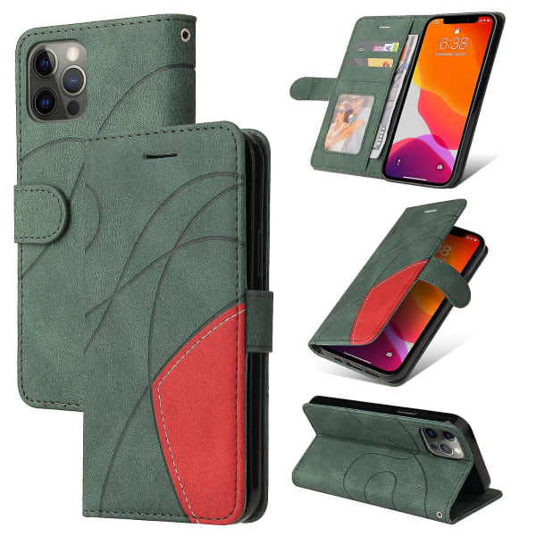 Kompatibel med Iphone 12 Pro Case Card Pu-hållare Läder Cuir Plånbok Flip Cover - Grön null ingen