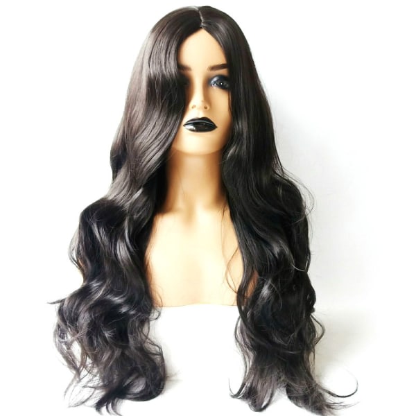 CDQ Medellångt lockigt hår peruk för kvinnor, europeiskt och amerikanskt mode, kemiskt fiberhår, långt hår med stora vågor (svart)