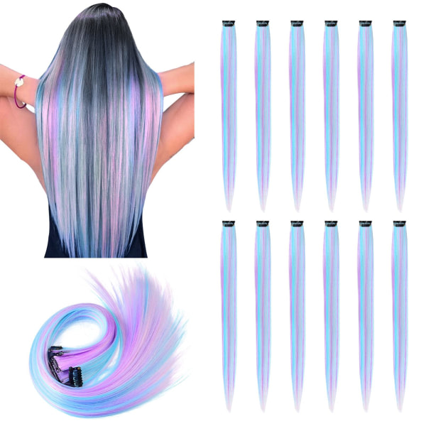 CDQ 12 st hårförlängningar Clip In, 22 tums lila blå gradient
