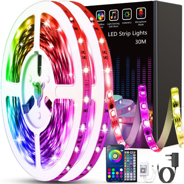 30M Led Strip-ljus (2 rullar på 15M) Bluetooth Smart App Control Musiksynkronisering Färgbyte RGB LED-ljusremsor med fjärrkontroll