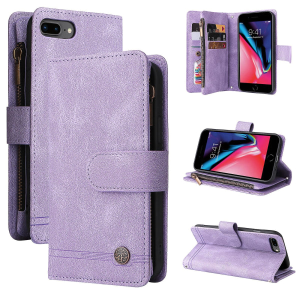 Case För Iphone 8 Plus/7 Plus Läder Flip Folio Case Med Kreditkortshållare Pengar ficka Magnetiska knappar Case Stöd Stötsäker Lila A
