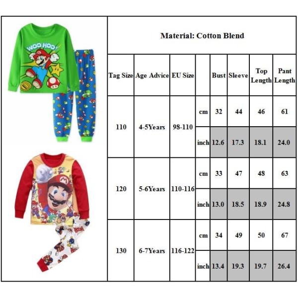 2-delat Super Mario pyjamas set för barn, långärmad tröja och byxor, nattkläder, A 130 cm