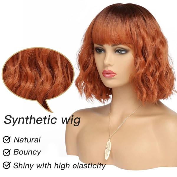Kort kobberrød parykk for kvinner Fox Red Wig Ombre Red Dark Root Culy Bob parykk med lugg Ingefærhår Parykk Bølgete syntetiske parykker (12 tommer)