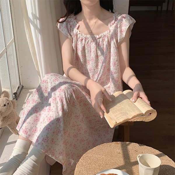 Nattkjole for kvinner, myk blomstret, ermeløs, lang nattkjole for sommeren, rosa L