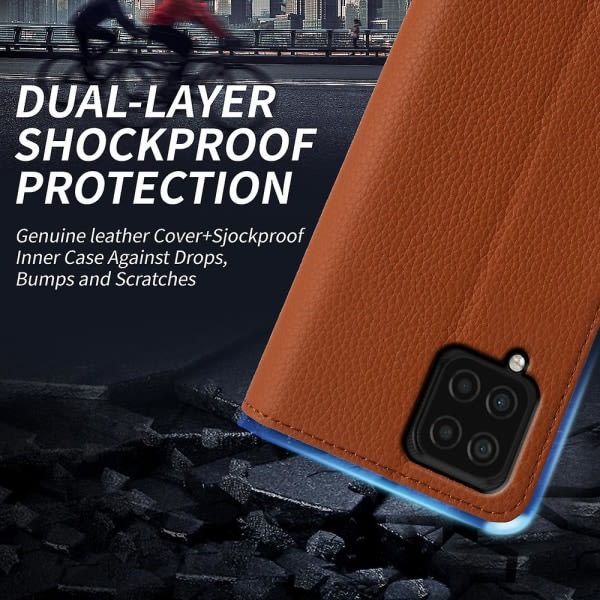 For Samsung Galaxy F22 Fallsäker äkta kohud läder cover Litchi Texture Plånbok Telefoncover lysebrun