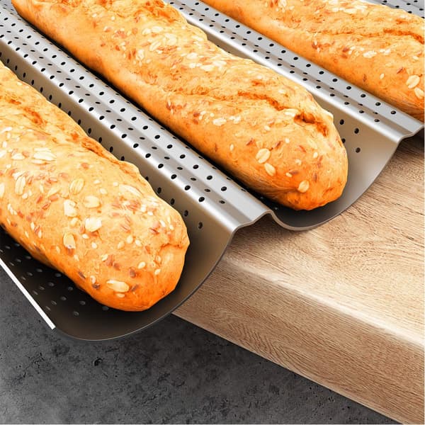 2-delt Baguette Bakeform - 38x33 cm - For 4 Baguetter - Perforert Rustfritt Stål - Non-stick Belegg - Sølv