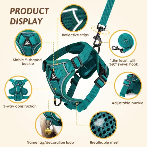 Dog Harness and Leash Set - Triangular Stabilization Ring - 2 Leash Clips - Adjustable Pet Harness - Padded Vest