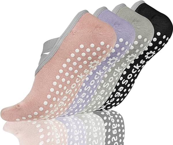 4 par skridsikre yogasokker til kvinder - Pilates, balletstrømper - bomuld, lukket tå - grå, pink, lilla, sort