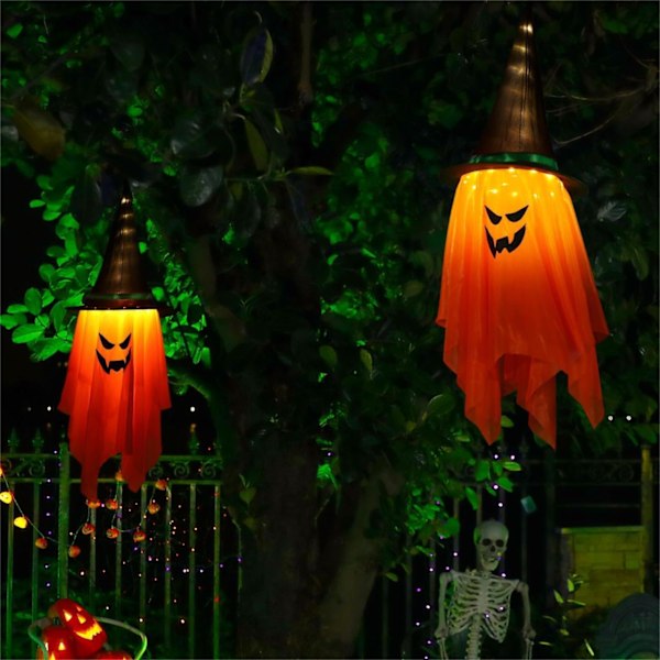 2 st Halloween Häxhatt Spöken med LED Ljusslinga, Läskig Utomhusdekoration för Fester Orange apelsin Parent