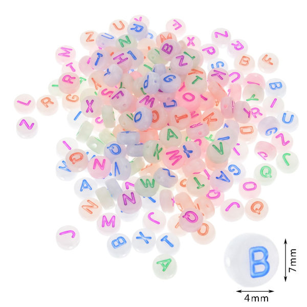 1000 stk. selvlysende akryl alfabet bogstavsperler 7mm Glow in The Multicolor