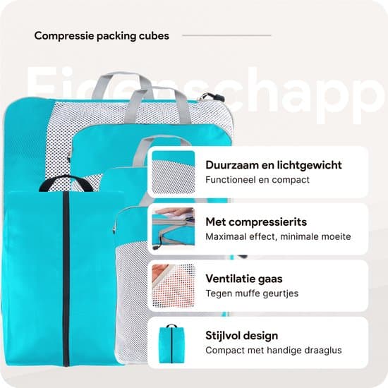 Komprimeringspackväskor 6-set, 60 % platsbesparande reseorganisatör med skopåse, lätt 210D ripstop-polyester, ljusblå