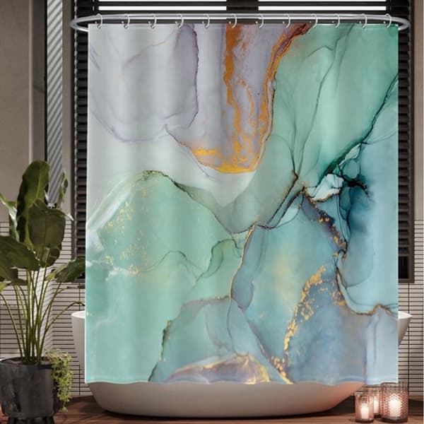 Bruseforhæng, vaskbart hurtigtørrende vandtæt polyester, grønt marmor akvareldesign til badeværelse og bruser, 180 x 200 cm