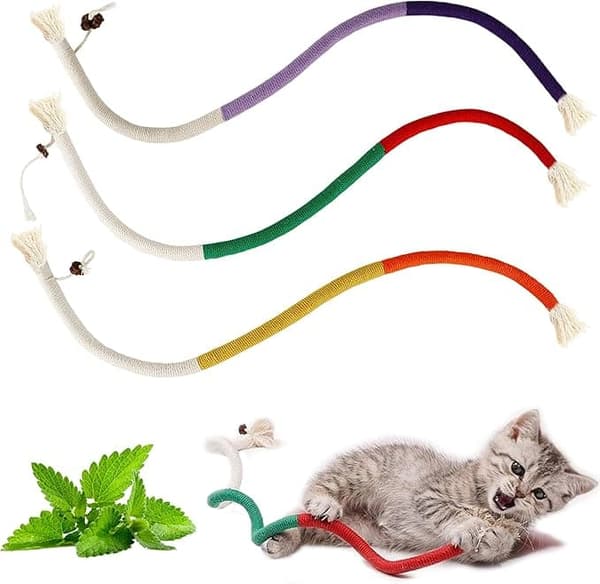 3-pack kattmynta kattleksaker, ormformade tuggleksaker i bomullsrep för tandvård och interaktiv lek för kattungar och katter