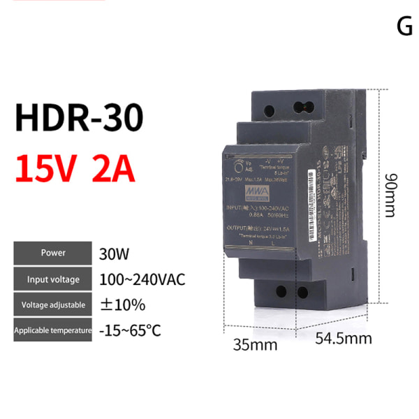 Skinneskiftende strømforsyninger DC HDR-15W/30W-5V/12V/15V/24V Hal sort HDR-30-15V/2A