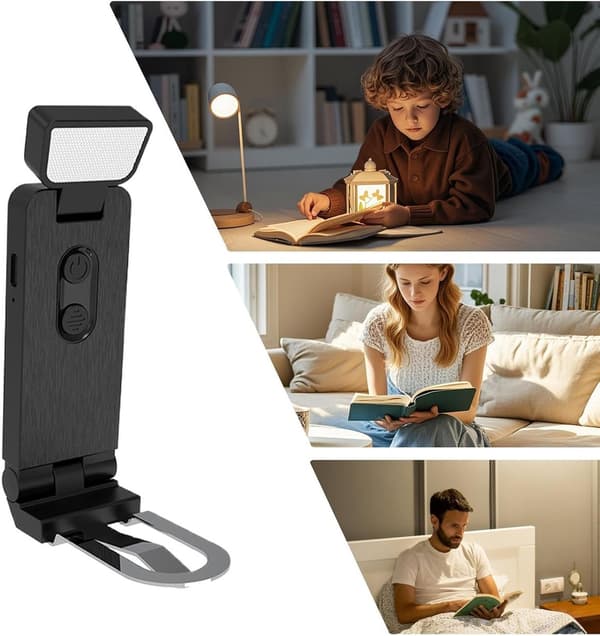 Clip-on læselampe genopladelig 500mAh Mini USB C boglampe med 6 lysstyrkeniveauer 3 farver 45 min timer til studerende seng studie rejse sort