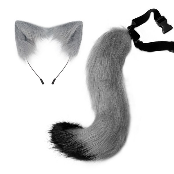 CDQ Faux Furry Tail og Clip-øron for Halloween-festdrakt