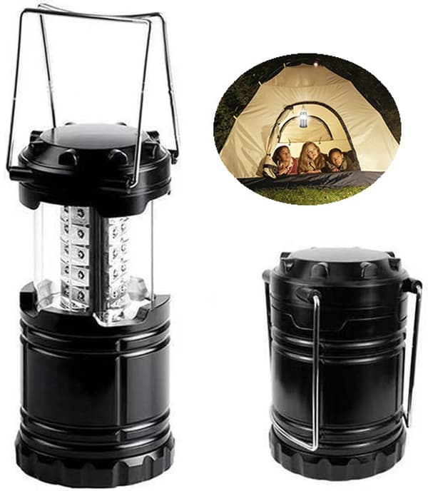LED Campinglanterne, Sammenklappelig Sol- og Batteridrevet 30 LED Nød-Teltlampe til Udendørs Camping og Vandring, Sort