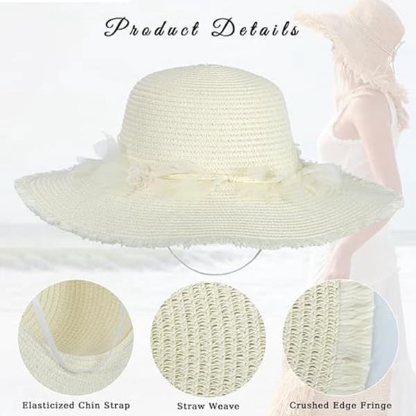Solhatt for kvinner med bred brem, UPF 50+ UV-beskyttelse, sammenleggbar stråhatt med blomsterkant for strandreiser, khaki