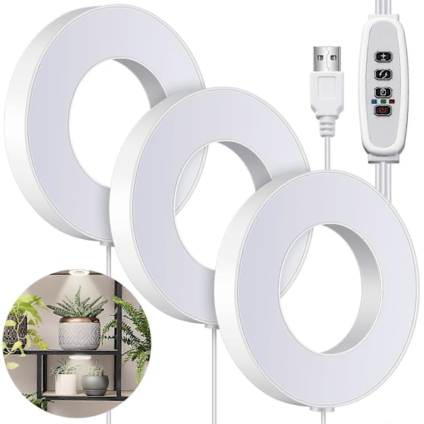 Takmonterad Växtlampa för Inomhusväxter, 48 LED Fullspektrum LED Halo Växtlampa, Säker Spänning Växtlampa med 4/8/12H Auto Switch, 4 Dimbara Ljusstyrkor White warm light 3 headlights