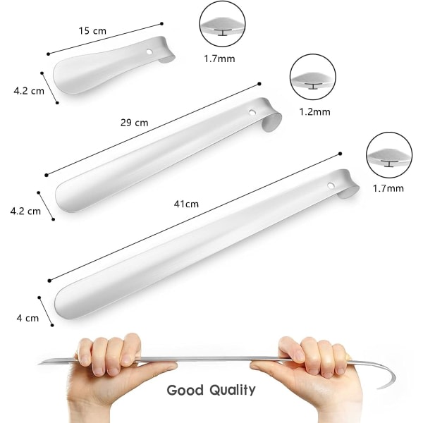 Kenkälusikka, 3 osaa 41cm&29cm&15cm Pitkä kenkälusikka Metalli Kenkälusikka pitkillä kahvoilla, Sopii kaikille jalkakokoille Helppokäyttöinen CDQ