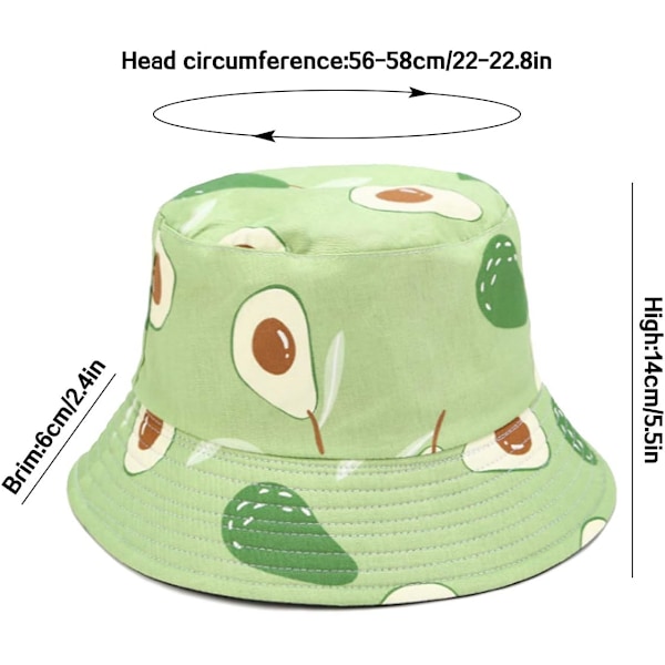 Söt bucket hat strandfiskarhattar för kvinnor, vändbar dubbelsidig användning Avocado