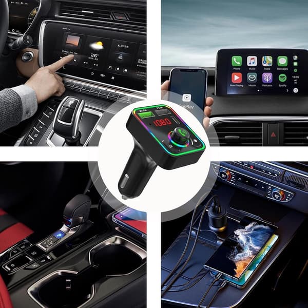 Bluetooth FM-sändare för bil med brusreducering, handsfree-samtal, musikströmning, dubbel USB-laddare, LED-display, svart