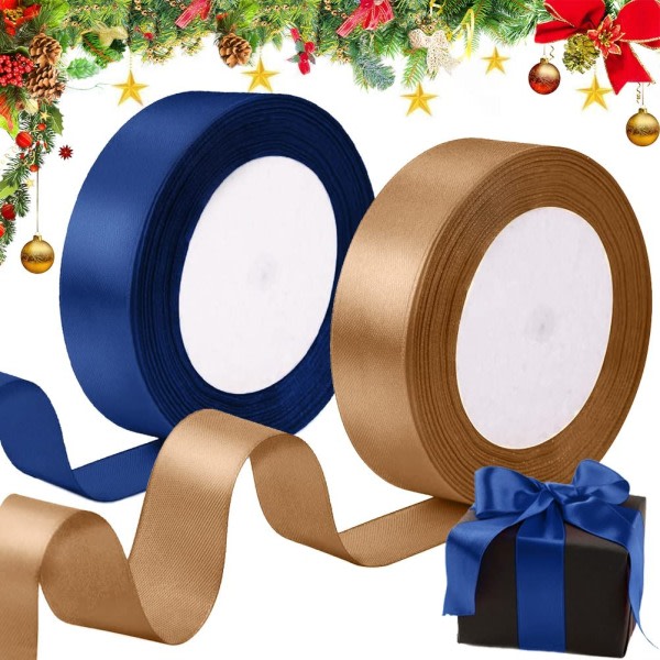 CDQ 2 rullar guld och blå jul satinband