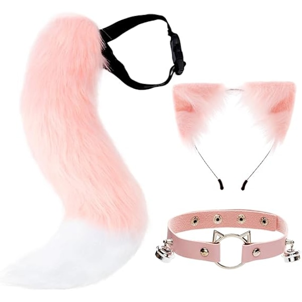 Kettu keinotekoinen turkishäntä kissankorvat panta Halloween-juhlapuku kaulakoru choker cosplay -setti naisille pink