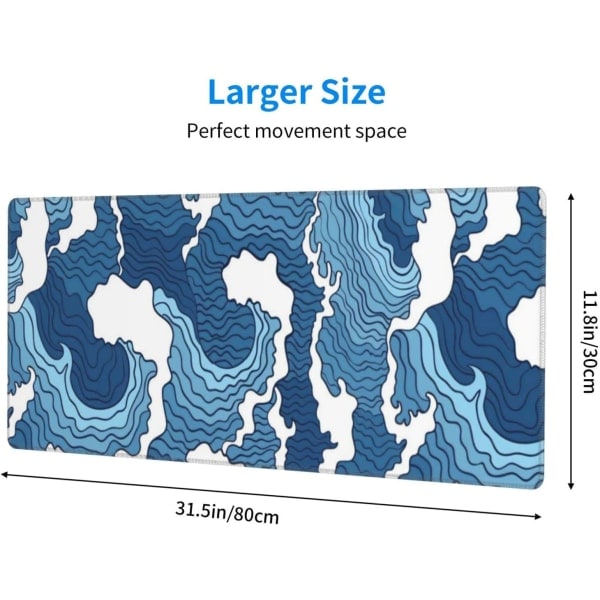 Japanilainen sininen ja valkoinen Sea Wave -hiirimatto XL -pidennetty työpöytäalusta, liukumaton kumialusta ommeltu reuna Pelitietokone Pöytätietokone Suuri hiirimatto, 31,5 x 11,8 tuumaa