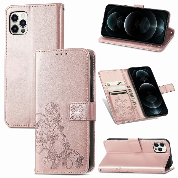 Case Iphone 12 Pro Cover Plånbok Clover Präglat skyddande läder Phone case Magnetisk - Rosa C3 A