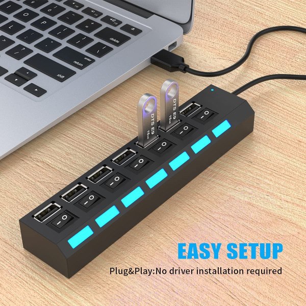 Multiport USB-splitter, 7-i-1 USB 2.0-hubb med höghastighets individuell ON/OFF-brytare med lysdioder USB-hubbar (7 portar USB A)