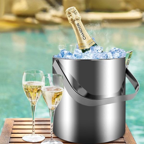 1,3L ishink, dobbeltisolert ishink i rustfritt stål med lokk og istang, ofte egnet for fester, cocktailbarer, kjølende vin