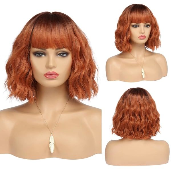 Kort kobberrød parykk for kvinner Fox Red Wig Ombre Red Dark Root Culy Bob parykk med lugg Ingefærhår Parykk Bølgete syntetiske parykker (12 tommer)