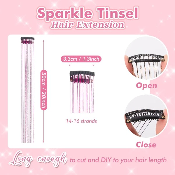 Clip in Hair Tinsel Kit, 6 stk Glitter Fairy Tinsel Hair Extensions 21 tommer skinnende hår Tinsel Varmebestandig (Rose Red)