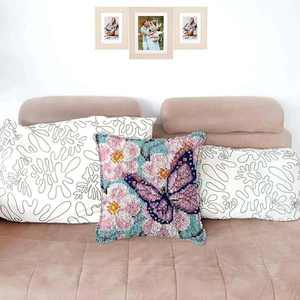 Latch Hook Kit for DIY Butterfly Pattern Pillowcase - Printed Canvas, Crochet Yarn, Craft Set for Kids and Adults