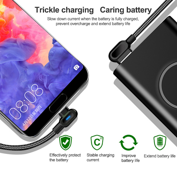 Vinklad 90 graders laddarkabel USB a till USB c / iPhone Light sva svart (Lightining) 2 meter