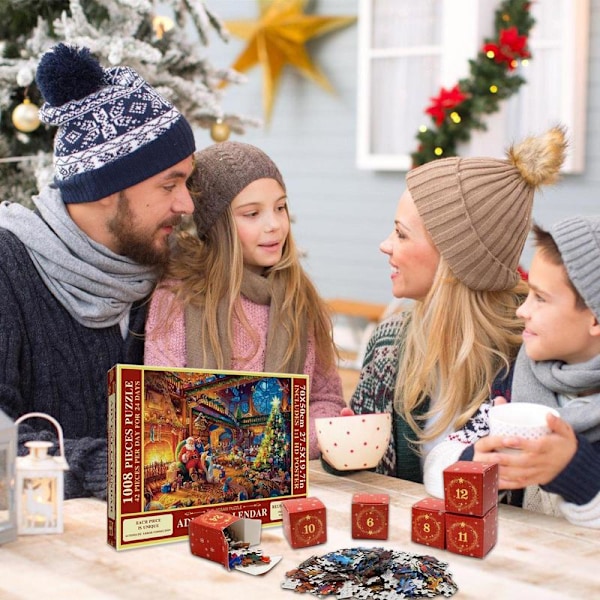 2024 Puslespil Adventskalender, 1008 Puslespilsbrikker 24 Dages Jul Nedtælling Adventskalendere, Julegaveidé til Børn