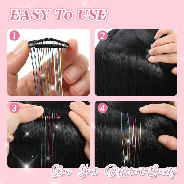 Clip in Hair Tinsel Kit, 6-pack Glitter Fairy Tinsel Hair Extensions 21 tum glänsande hår Tinsel Värmebeständigt (Rose Red)