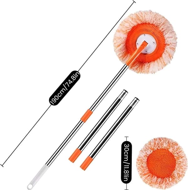 Mikrofibermoppsett med 360° roterende hode, justerbart håndtak, 3 gjenbrukbare puter for gulv og vinduer, 190 cm, oransje