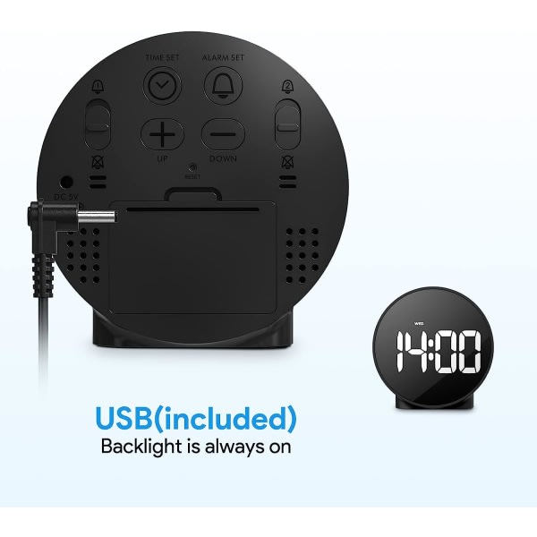 Liten digital vekkerklokke LED-skrivebord Reise Elektronisk klokke Dobbel alarm Snooze Dimmer Sett 12/24H Uke Display 4 tommer