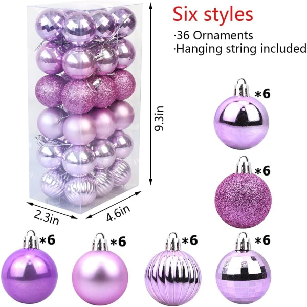 Julkula splittringssäker julgransdekorationsboll Julbollsdekorationer 1,6\" (4cm) 36-delat set (ljuslila julkula)