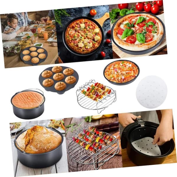 Airfryer tilbehørssæt, 5-delt bageform, kurv og riste, tåler opvaskemaskine, til 2,3 til 3,2 L airfryere, 6-tommer, sort