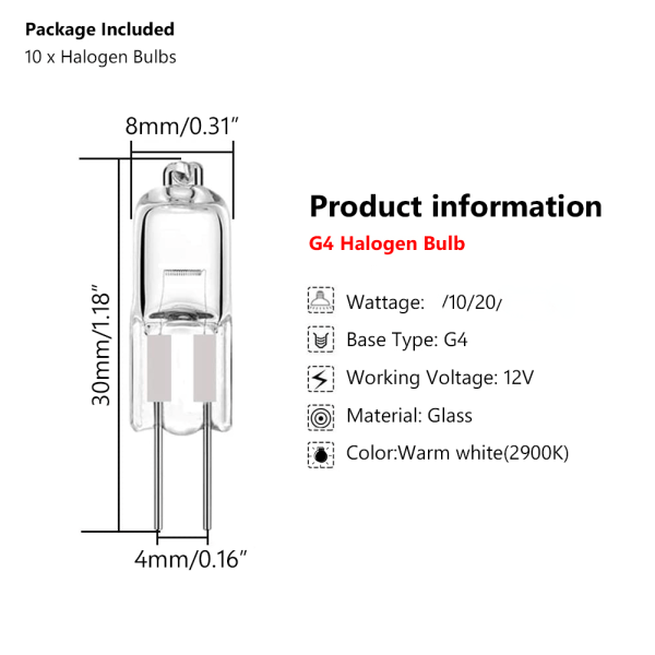 10st G4 Halogenlampa 12V 10W 20W 20W