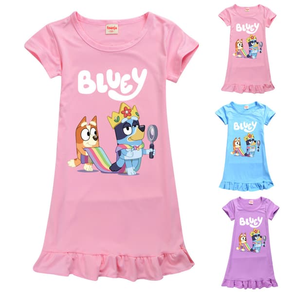 Barn Flickor Tecknade Hundar Sovkläder Pyjamas Klänning Nattlinne Sommar Volangklänning Ljusblå Light Blue 9-10 Years