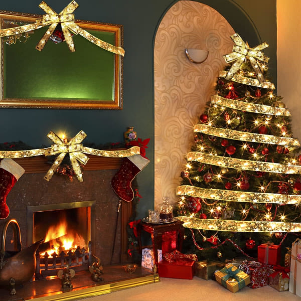 Heyone 2-pack Christmas Tree Ribbon Lights, 32ft 100 LED Christmas Fairy Strings Lights med USB-kontakt i dobbelt lager
