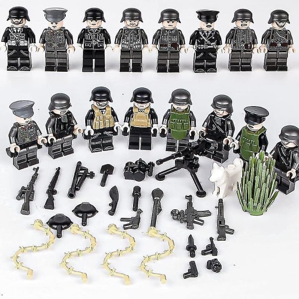 8 st Militära Minifigurer Bas WW2 Set + Vapen Kit Armé Vapen Soldater Leksaker