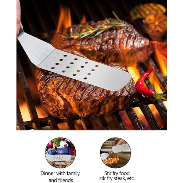 6-delt grillspatelsett i rustfritt stål med 3 spatler, 2 klemflasker og skrape for BBQ-grillmatlaging, sølv